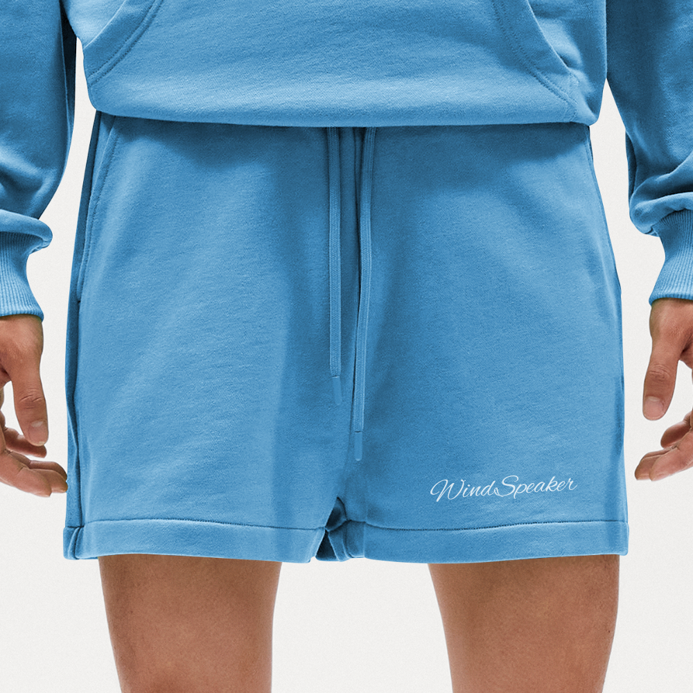 WindSpeaker Organic Relaxed Cropped Shorts Made in EU (white logo) - Sol Blue