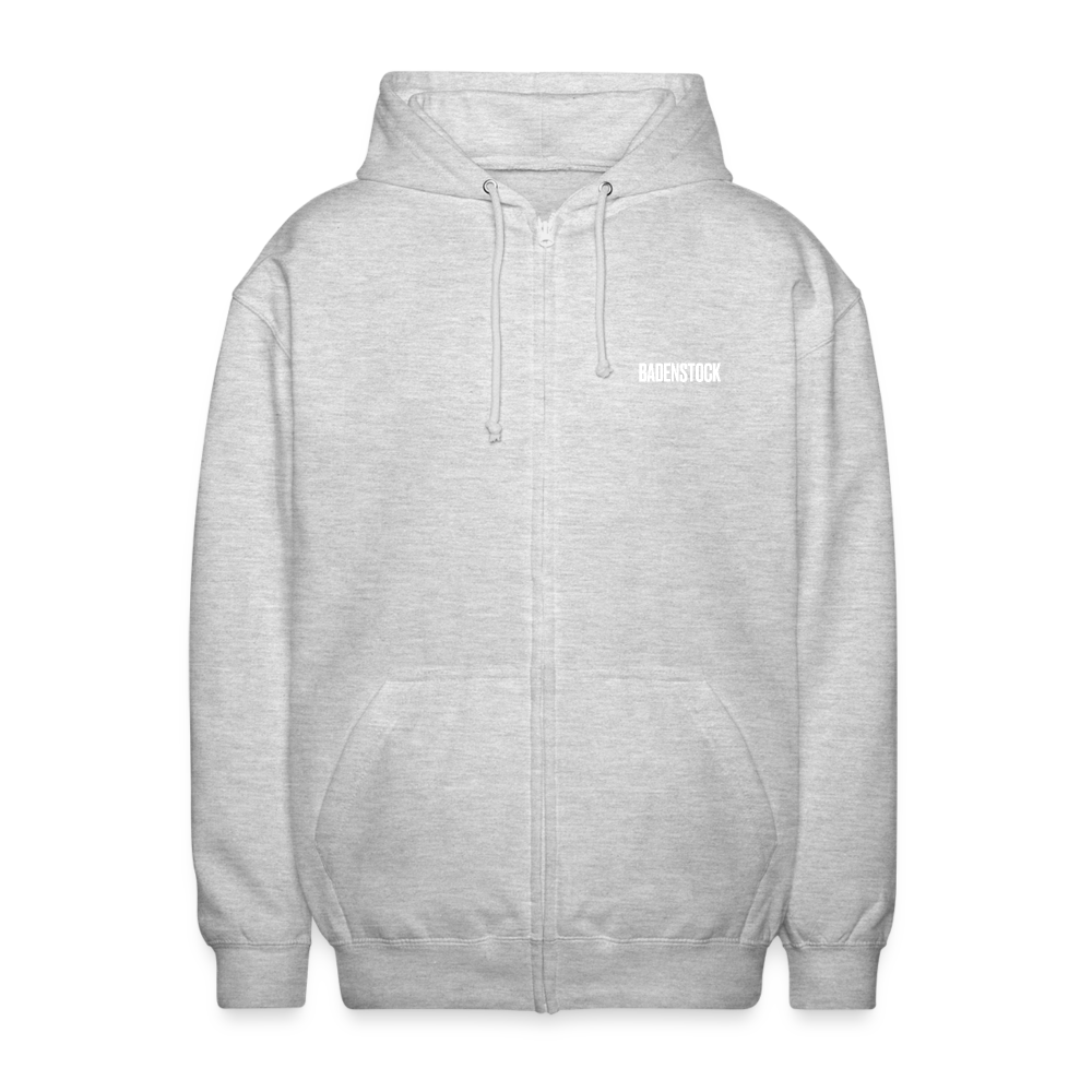 Badenstock Unisex Hooded Jacket white logo on front - light heather grey