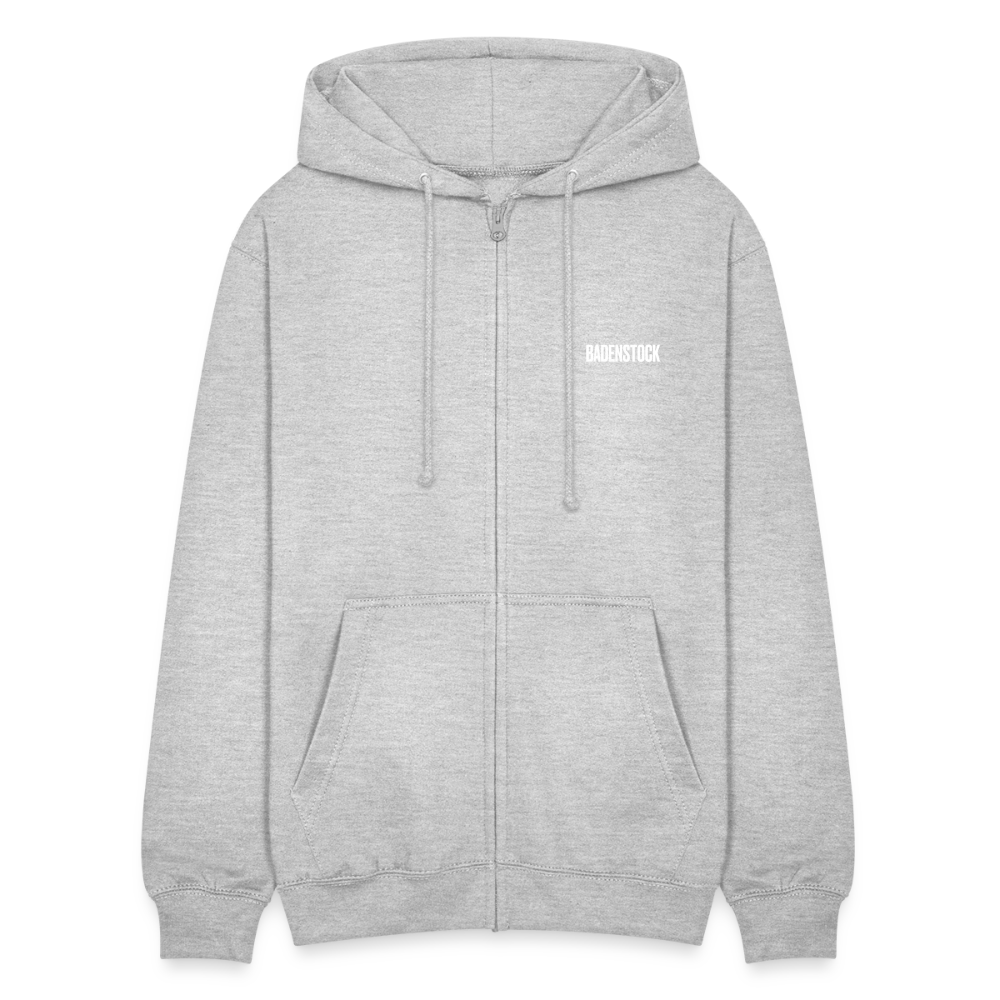 Badenstock Unisex Hooded Jacket white logo on front - light heather grey