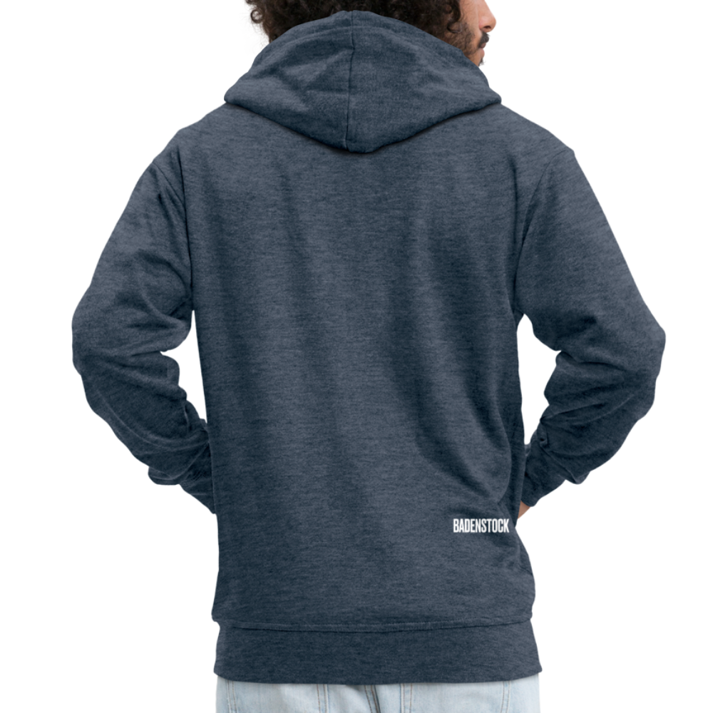 Badenstock Men's Premium Hooded Jacket small white logo on back - heather denim